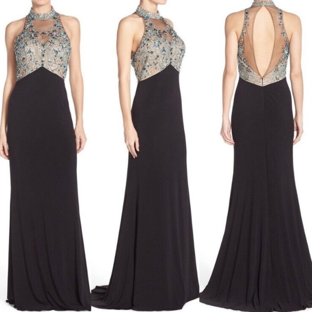 NEW Sean Collection Embellished Mesh & Jersey Gown Black Multi [ Sz 10‎ ]